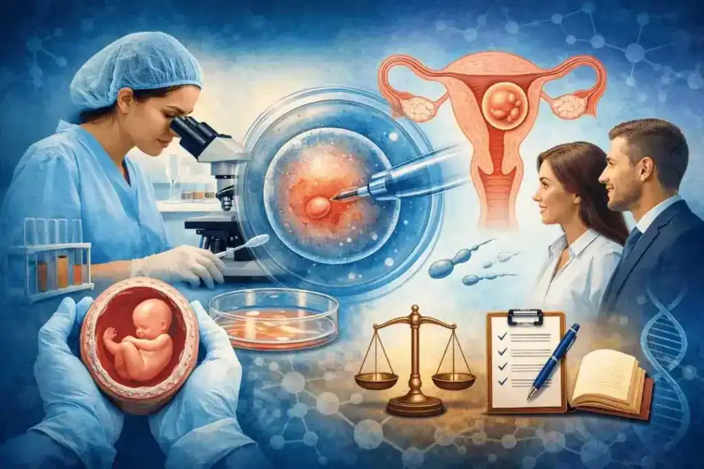 Assisted reproductive technology jobs showing IVF, IUI, ICSI procedures, embryo development, medical lab work, and ethical aspects of fertility treatment