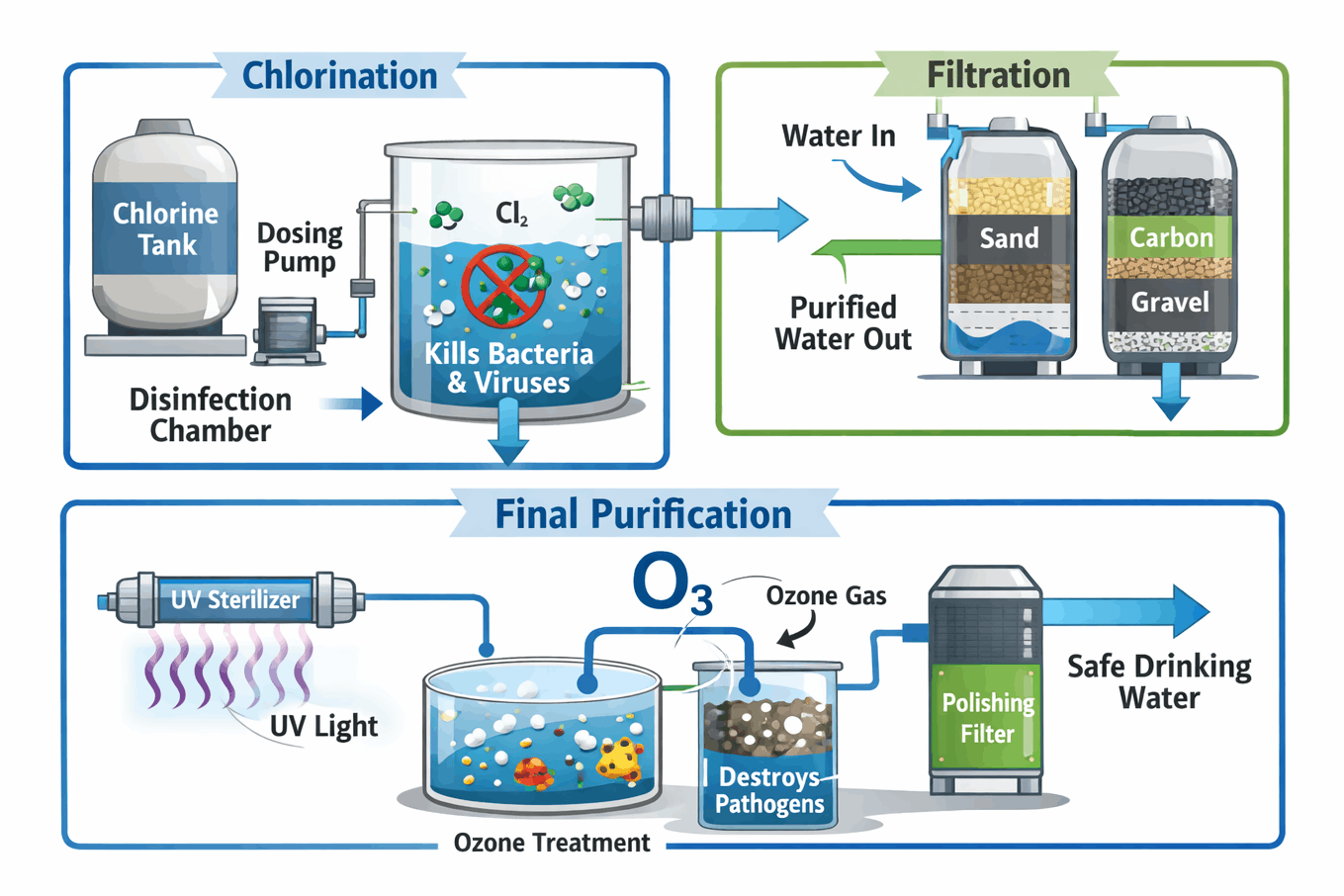 Diagram showing chlorination and final purification process in water treatment plants
