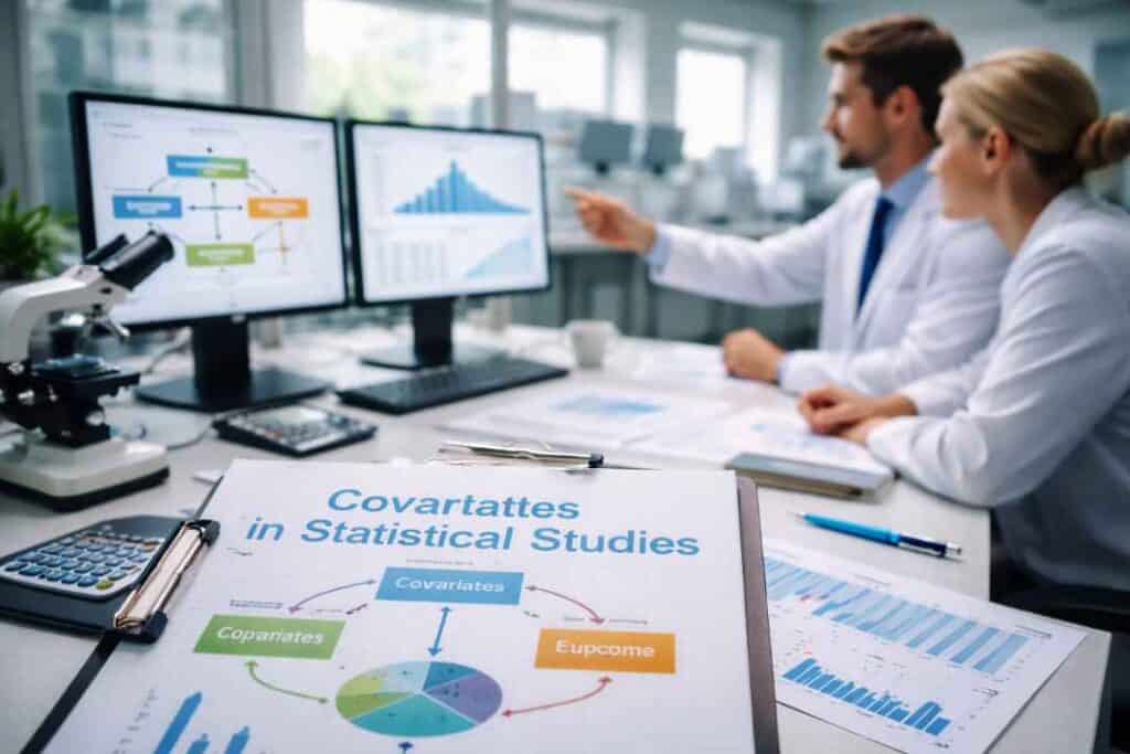 Researchers analyzing statistical data to explain covariates in statistical studies