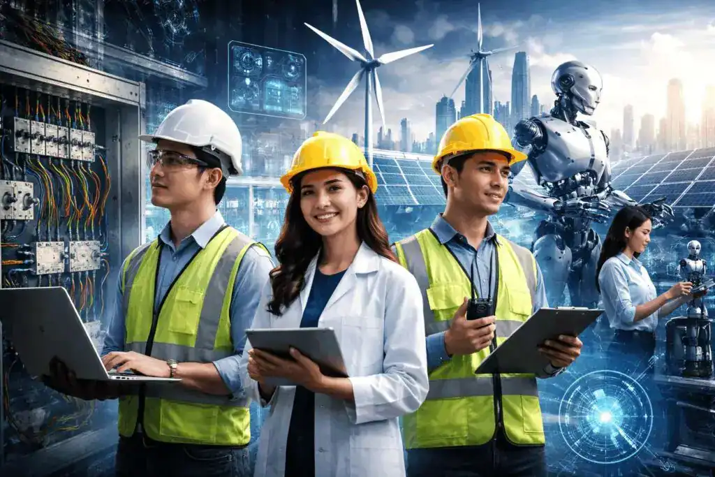 electrical and engineering jobs showing modern engineers, technology, robotics and power systemsThis image represents electrical and engineering jobs, highlighting modern engineering careers, advanced technologies, robotics, renewable energy systems, and high-paying job opportunities for engineers.