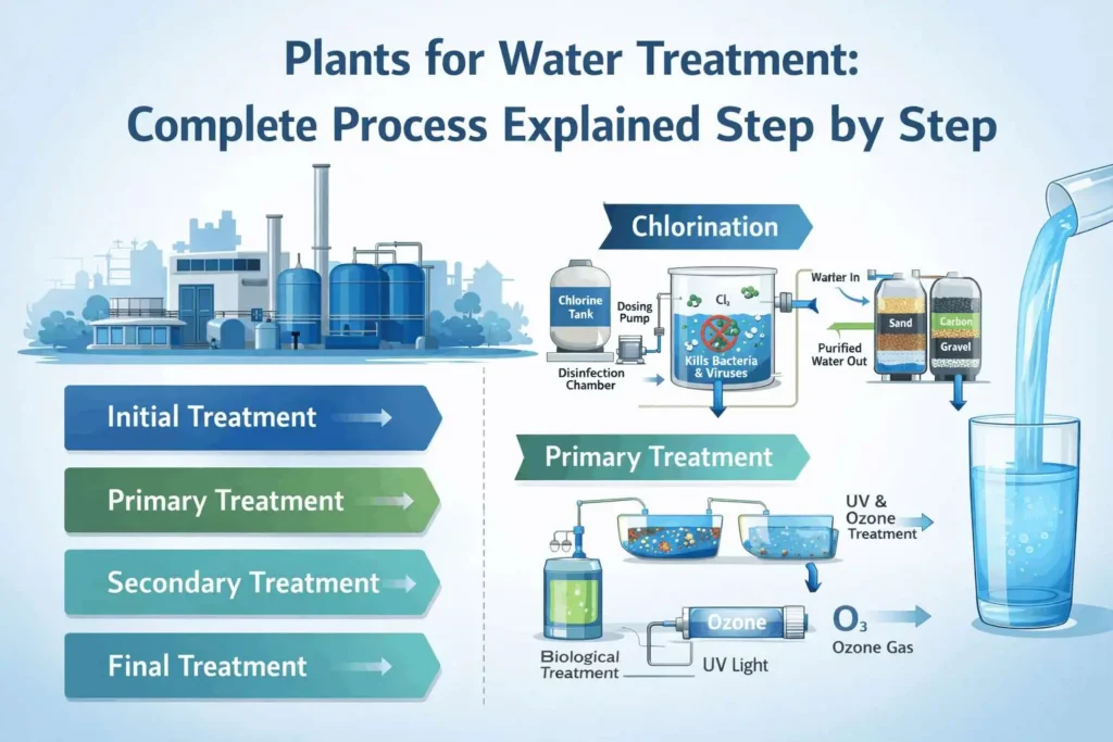 Plants for water treatment showing complete process from initial to final purification