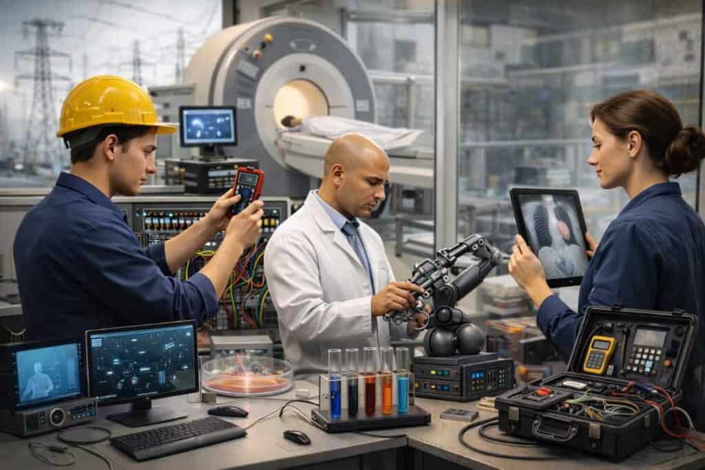 Electrical and biomedical engineers working in a medical laboratory with MRI scanner, diagnostic equipment, and advanced healthcare technology supporting ART procedures
