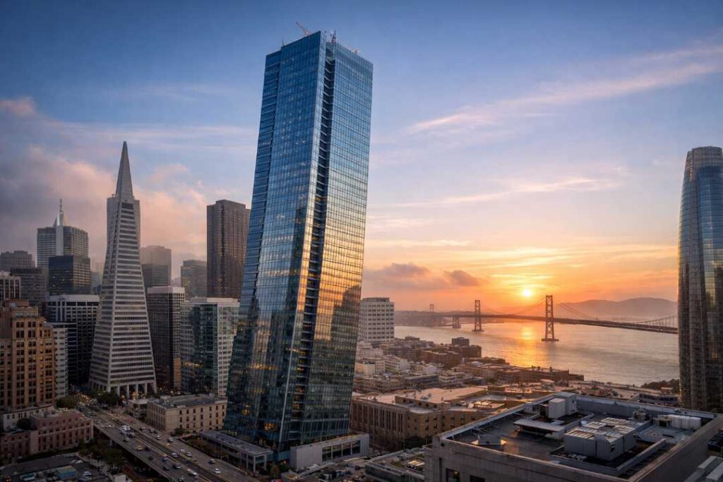 Millennium Tower in San Francisco leaning slightly during sunset with Bay Bridge and downtown skyline in background 2024 stability update