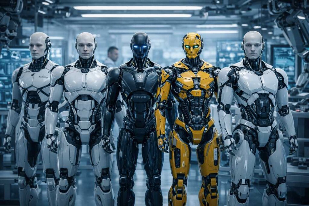 Humanoid robots news featuring the top humanoid robots of 2025 in a modern robotics lab