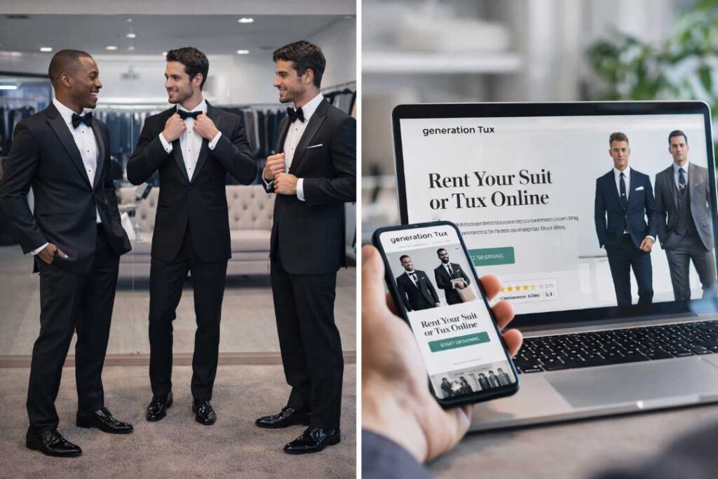 Men wearing modern tuxedos while browsing generation tux rental platform online showcasing style and technology integration