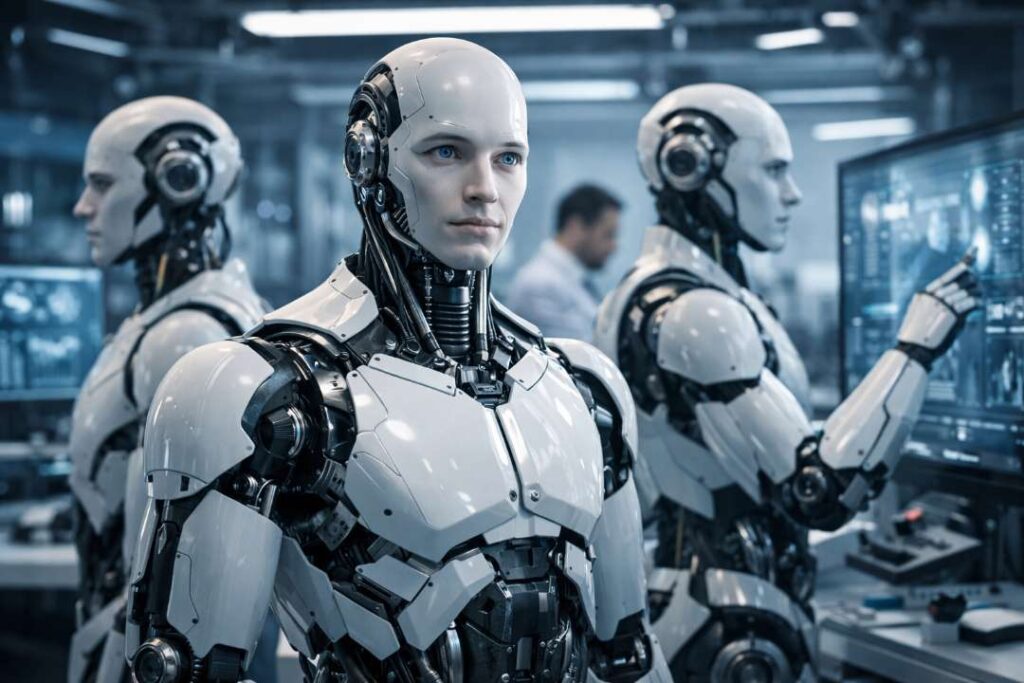 Humanoid robots news showing realistic human-like robots working in a modern robotics research lab