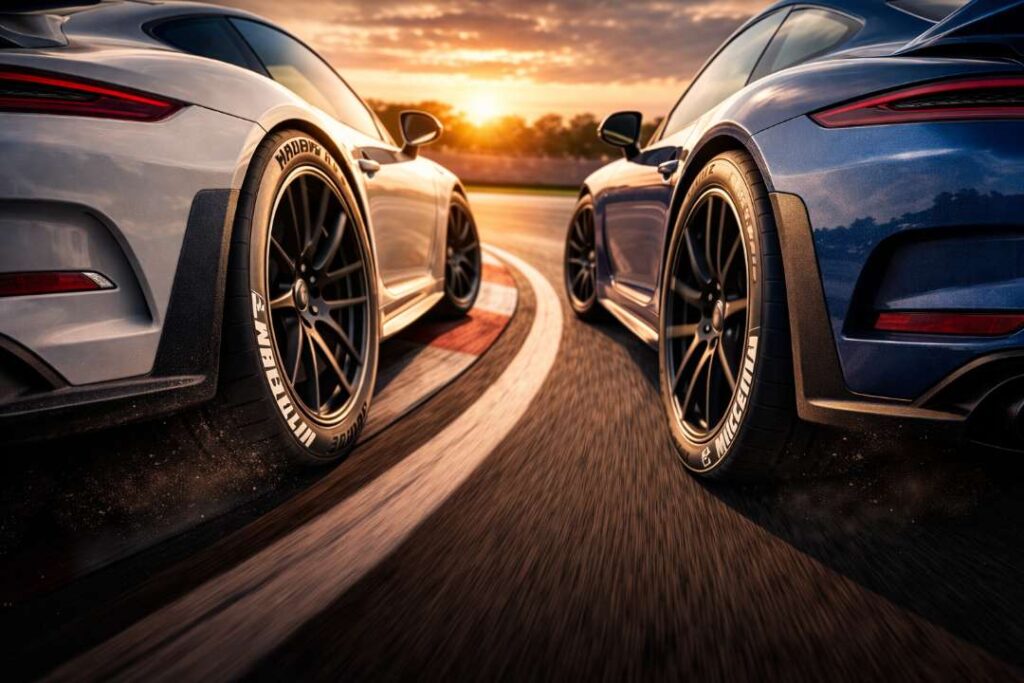 Michelin Pilot Sport Cup 2 vs Pilot Sport 4S – Ultimate Performance Tire Comparison Guide Michelin Pilot Sport Cup 2 vs Pilot Sport 4S tire comparison on sports cars during high speed track cornering