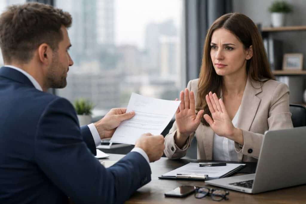 Professional woman rejecting a job offer due to low salary during an office meeting with recruiter
