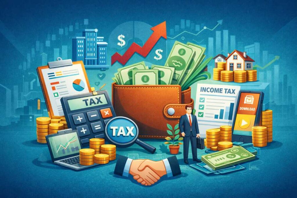 illustration showing source of income meaning with multiple income sources like salary, business, investment and passive income