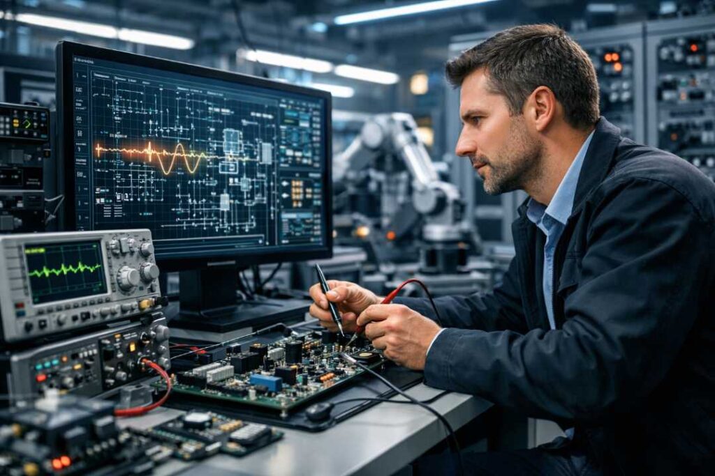 electrical engineer working with circuit boards and robotics representing electrical and engineering jobs