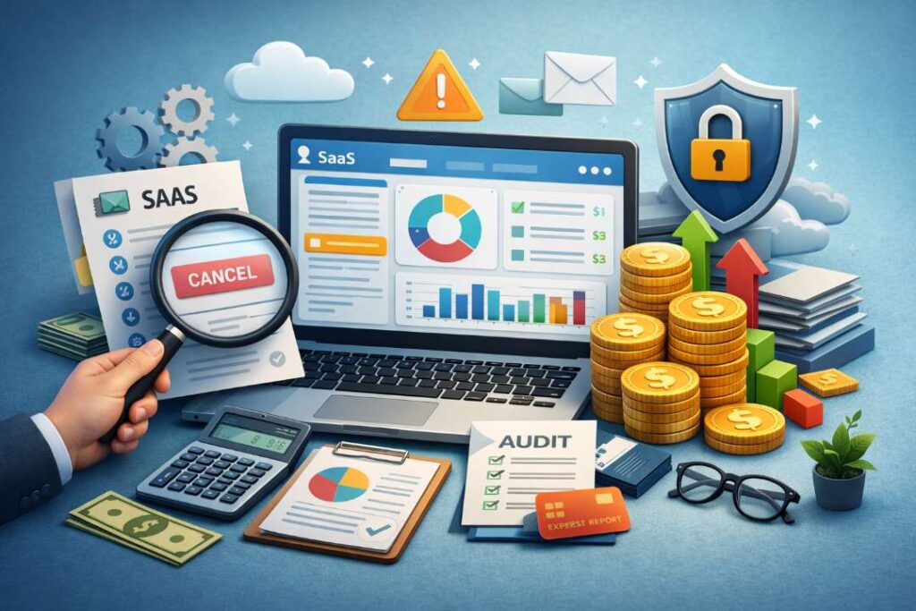 Manage SaaS spend dashboard showing software subscription audit, cost tracking charts, unused license review, and expense management tools